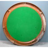 Teak circular games table with folding carved and turned legs, diameter 136cm