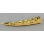 Early 19th century walrus tusk cribbage board engraved with walruses, 23cms wideGood overall