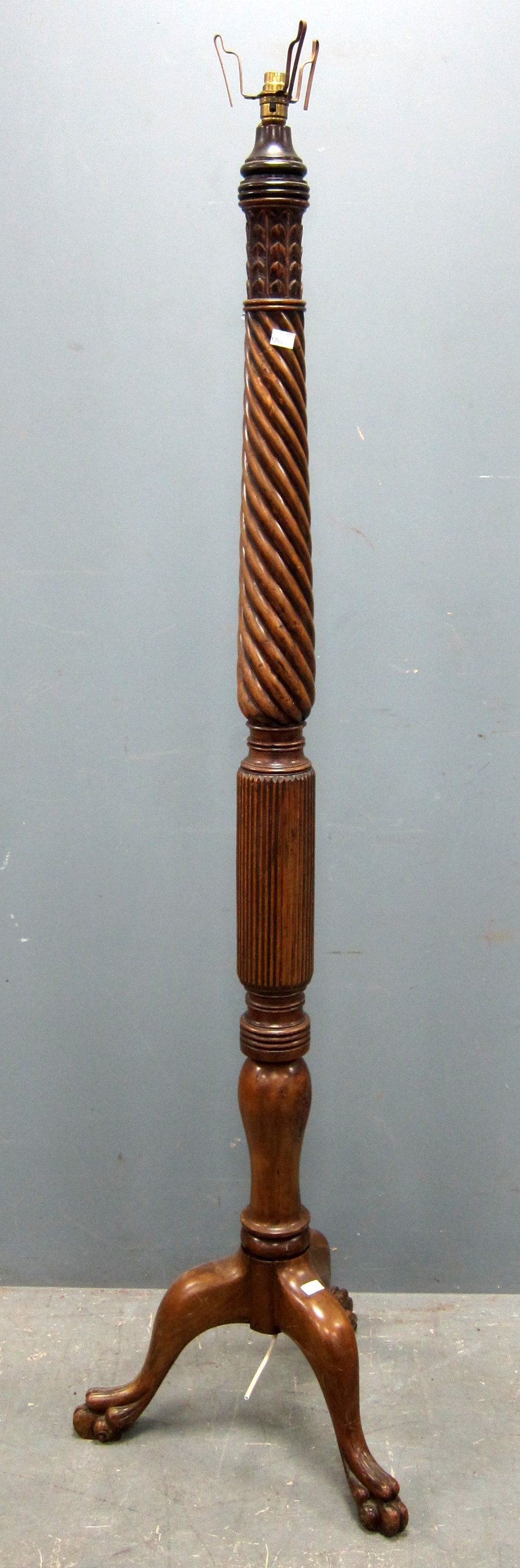 Mahogany barley twist standard lamp to tripod legs, 168cm high