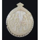 19th century Italian carved mother-of-pearl shell decorated with biblical scene, 8cm x 6cm