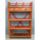Red painted four tiered what not with two drawers and painted floral decoration, 152cm x 93cm x