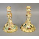 Pair of Augustus Rex continental candlesticks printed with romantic scenes within turquoise and gilt