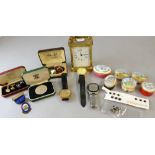 REVISED ESTIMATE A brass carriage clock, enamel boxes by Staffordshire and Chelsea enamels and other