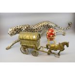 A large metal figure of a  Cheetah  112 cm, a Faberge style egg, and a brass horse and carriage