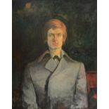 David Wall half-length self-portrait of  man dressed in black bow tie and grey mac, signed and dated