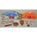 Motoring memorabilia to include two continental Rally plaques, two Indian motorcycle badges and