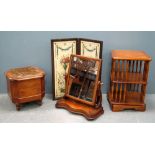 Mahogany bedroom swing mirror, commode, two fold screen and a modern revolving bookcase