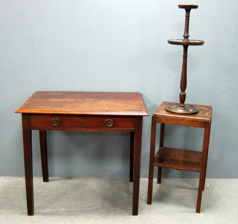 George III mahogany side table with single drawer, oak two tiered side table and an oak candle