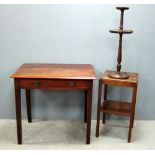 George III mahogany side table with single drawer, oak two tiered side table and an oak candle