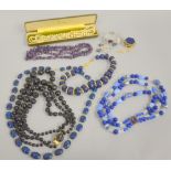 Venetian blue glass beaded three string necklace, blue stained agate necklace and a quantity of