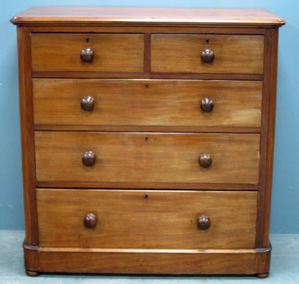 19th century mahogany chest of two short over three long graduated drawers to bun feet, 106cm x