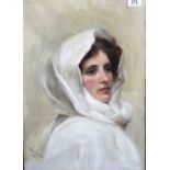 B Duckworth, oil on canvas depicting half length portrait of a lady dressed in white cape and