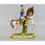 Dresden figure of a military officer in a blue jacket on horseback, titled 'Soult'.  27cm high.no