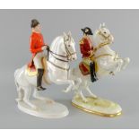 Alka West German porcelain figure of a military officer on horseback in red uniform and one other.