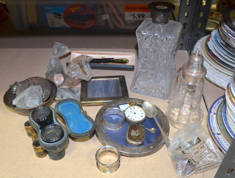 Two pairs of binoculars, silver and silver plate items, glassware and other assorted metal ware
