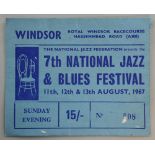 Card ticket for the National Jazz Blues Festival, Windsor, 1967, acts included Pink Floyd, Cream,