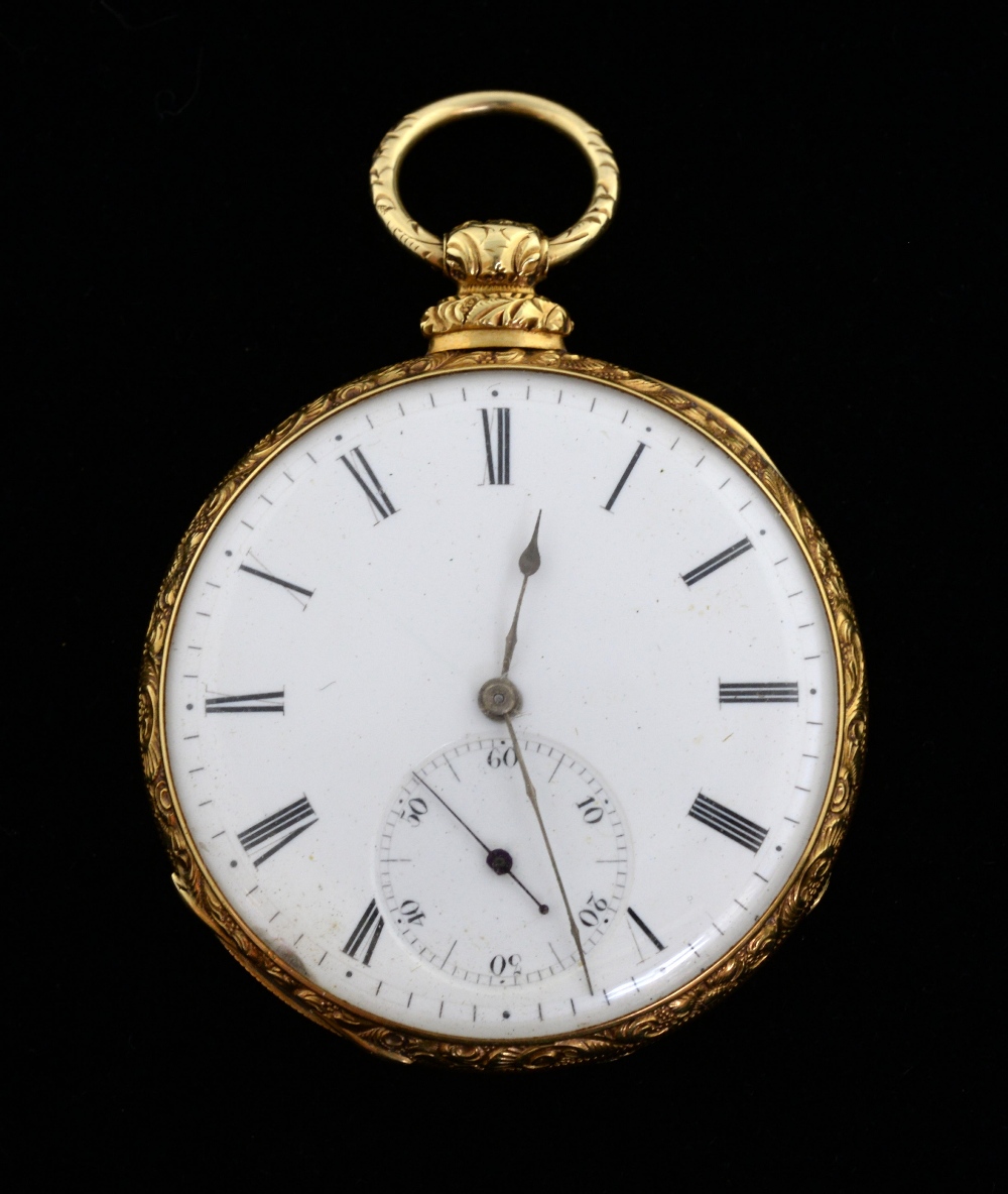 19th century 18ct yellow gold open faced pocket watch by Frances Dubois, with subsidiary seconds