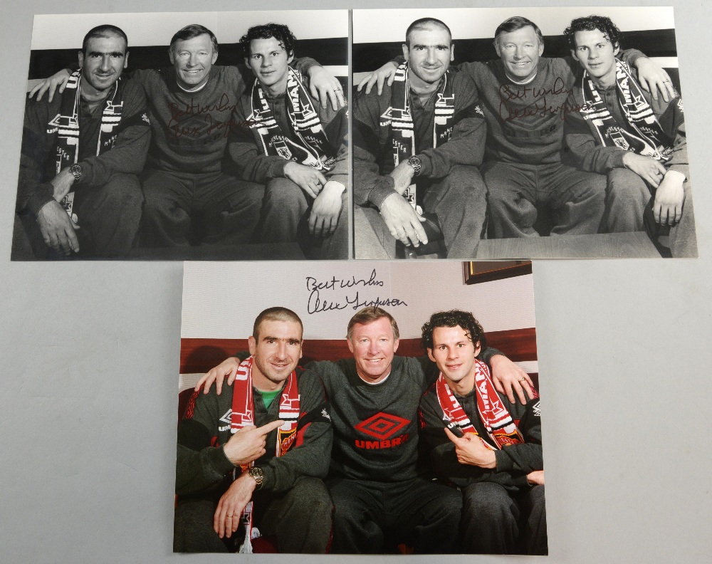 Three signed photographs of Sir Alex Ferguson, Sir Alex Ferguson Ryan Giggs & Eric Cantona,