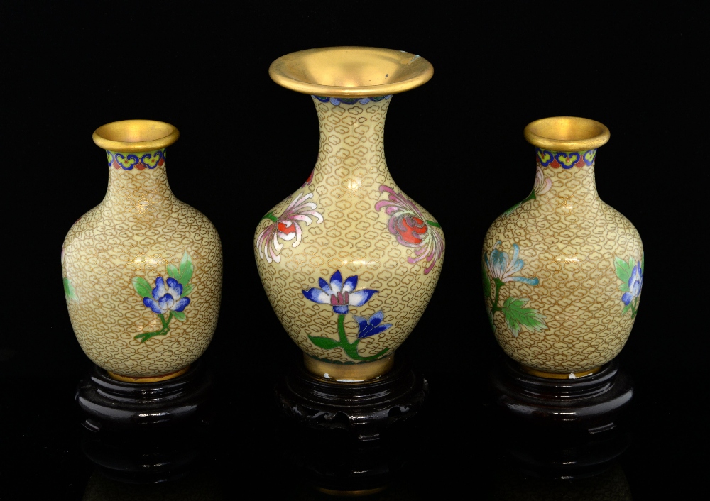 Pair of modern Chinese cloisonne vases, the light coloured ground decorated with flowers and - Image 2 of 2