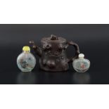 Chinese Yixing teapot and cover, 10cm high and two 20th century Chinese interior painted glass snuff