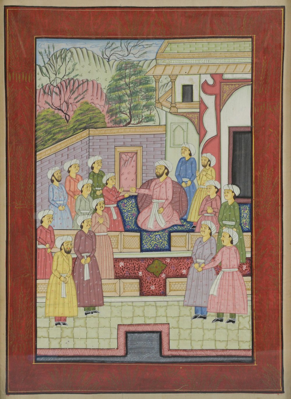 Indian miniature painting on fabric depicting a court scene with a group of men gathered around a