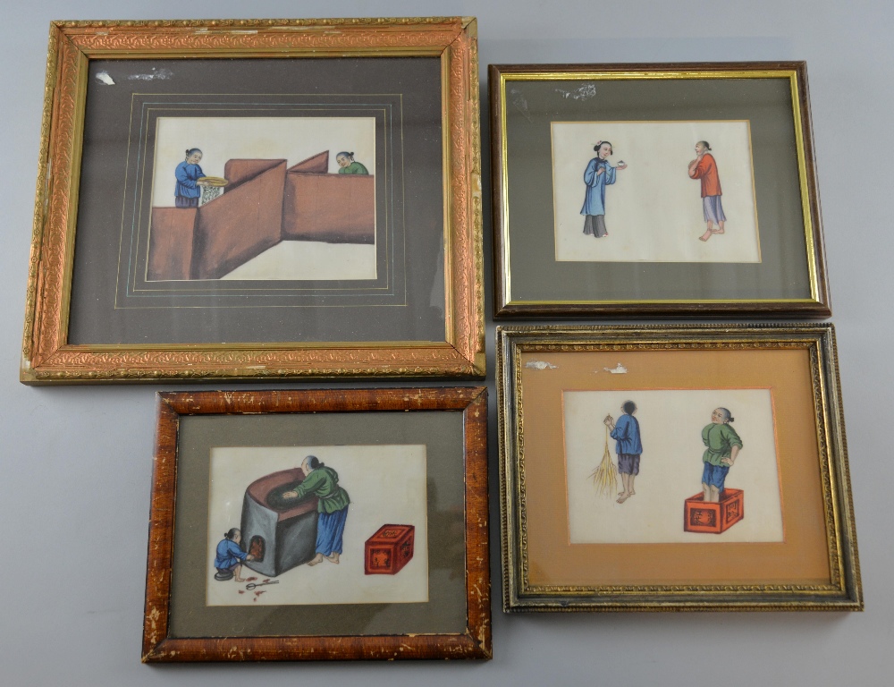 Four 19th century Chinese paintings on rice paper of figures at various pursuits, largest 15cm x