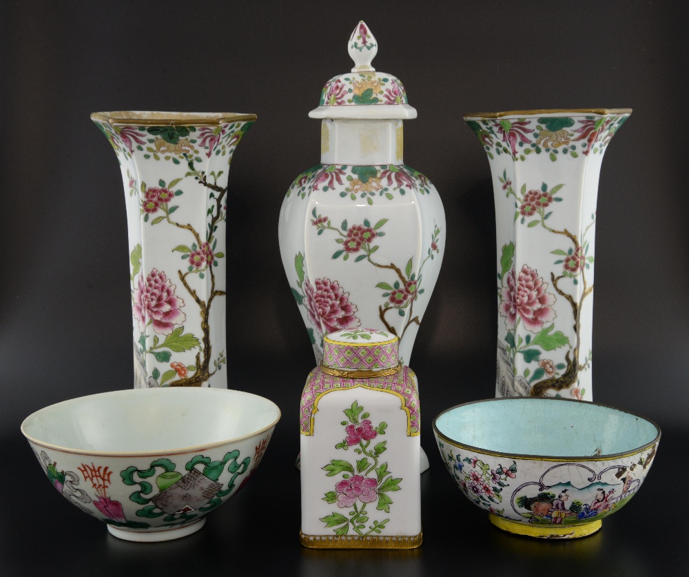 Modern Chinese famille rose porcelain tea canister with gilt metal, mounts, 14cm high, Canton