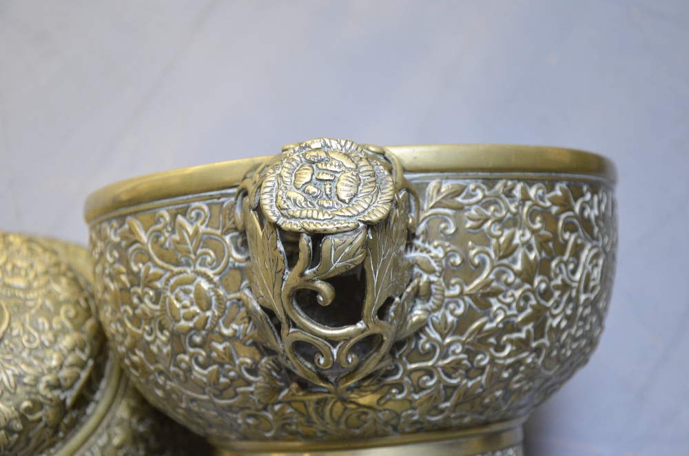 Chinese brass twin-handled censer and cover with embossed floral decoration, applied mark to base, - Image 6 of 7