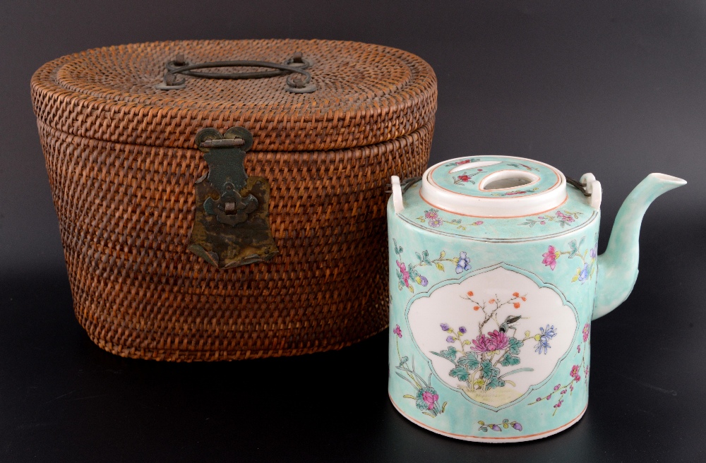 Chinese famille rose teapot and cover, the light blue ground decorated with two panels of a bird and - Image 4 of 4
