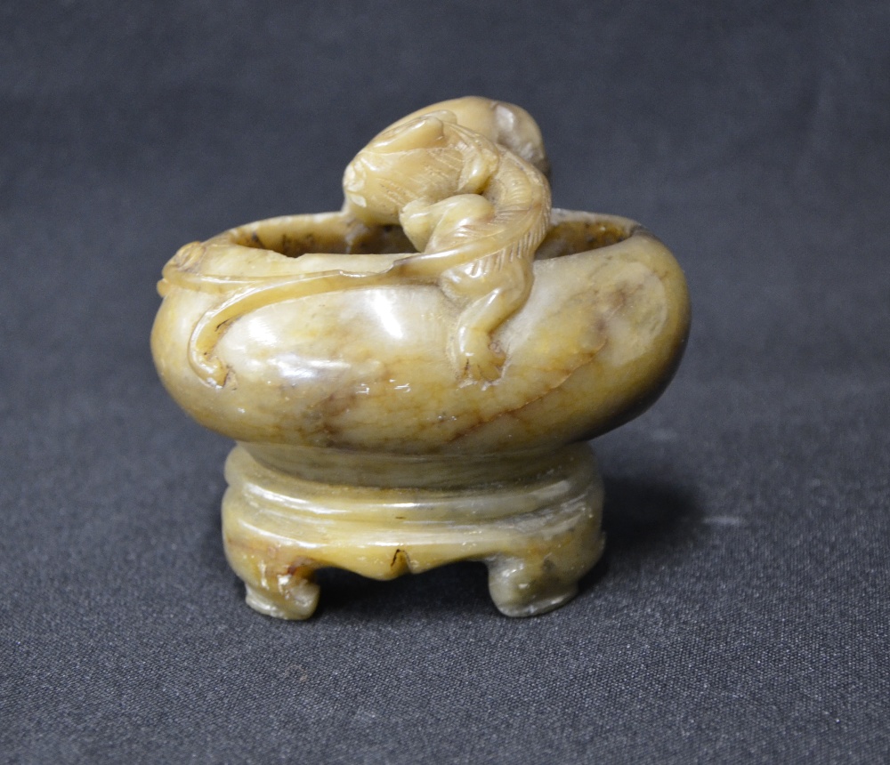 Chinese soapstone ovoid bowl on stand carved with two bifid dragons, 8cm high, - Image 2 of 4