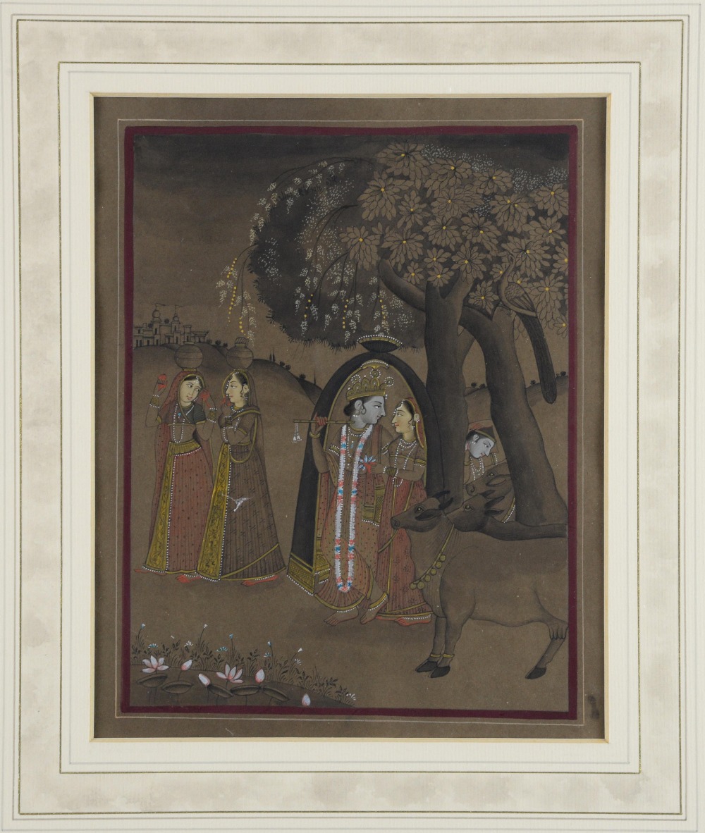 19th century Indian miniature painting depicting a man with a pale face and a long garlanded