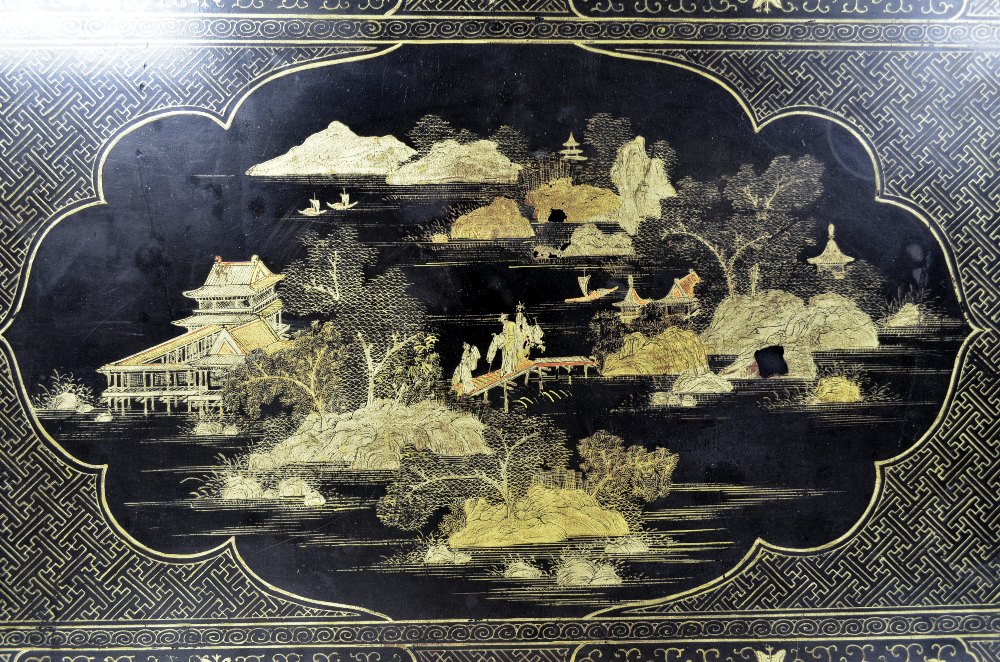 Chinese black lacquered and gilt table decorated with landscape scenes and geometric patterns, - Image 2 of 7