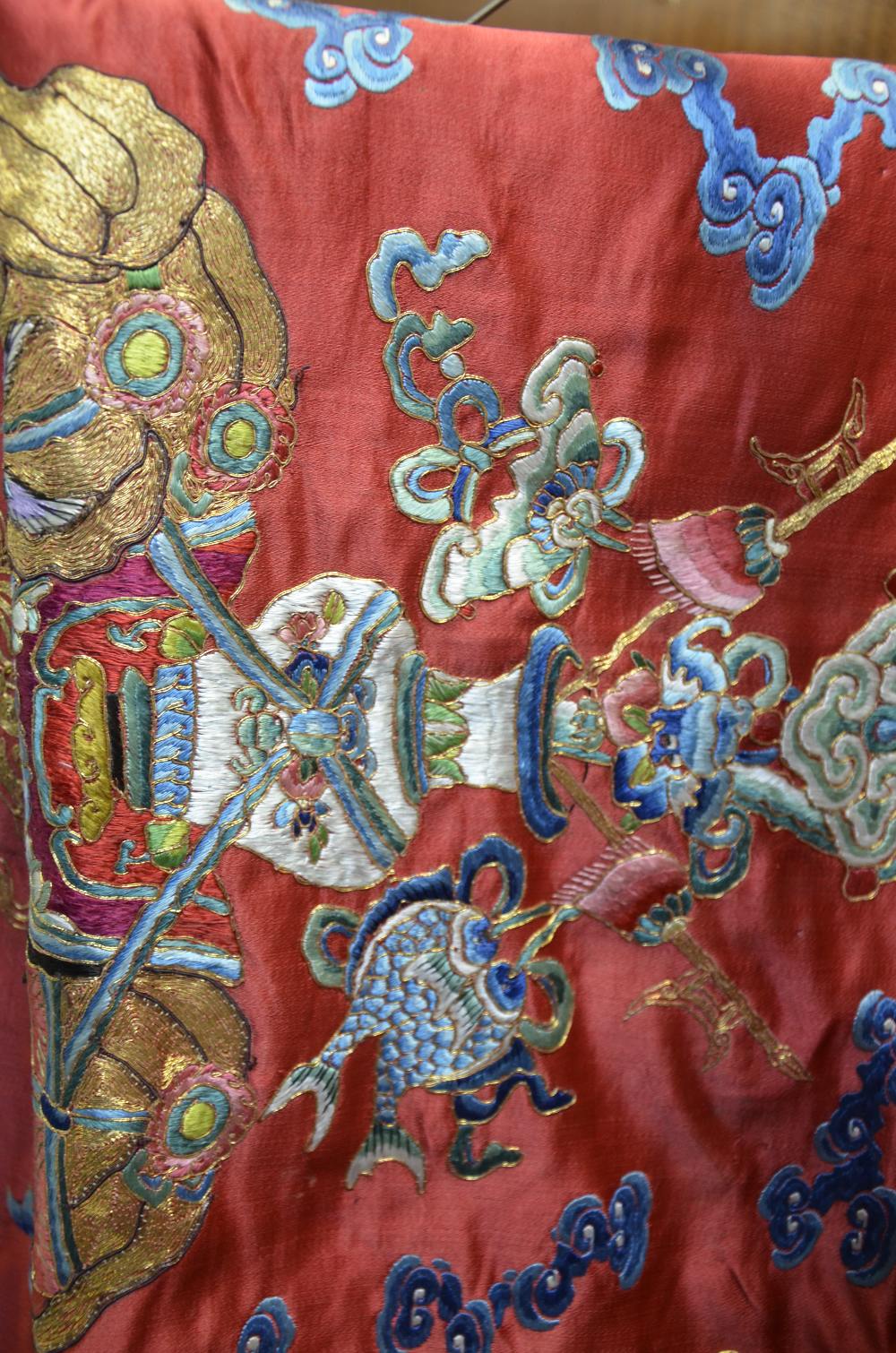 An unusual Chinese late Qing period silk hanging, possibly an altar frontal, with couched gilt - Image 4 of 5