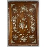 19th century Chinese hardwood and mother of pearl tray decorated with insects and  flowers 62cm by