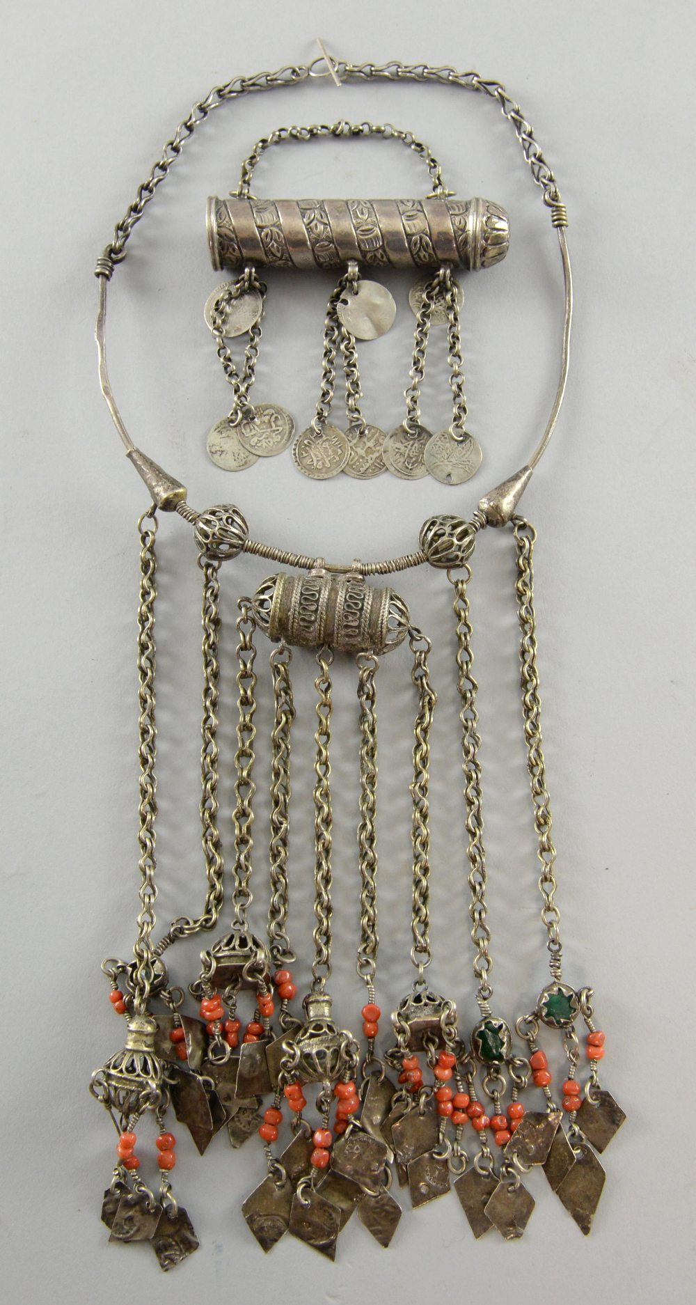 Berber white metal, glass and bead necklace, and a white metal coin set amulet, - Image 2 of 2