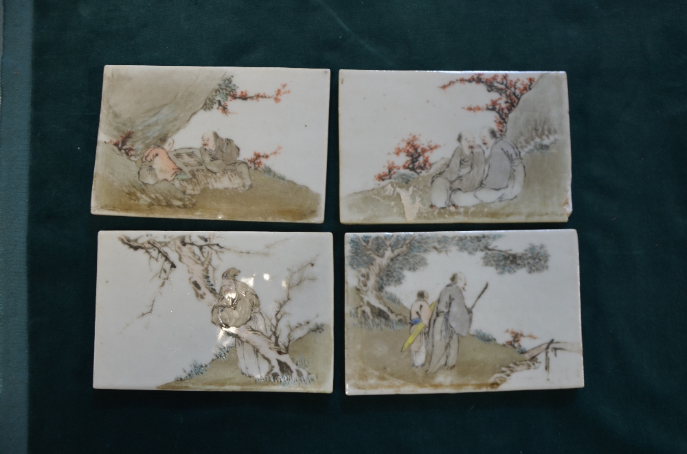 Set of twenty-eight late 19th/ early 20th century Chinese porcelain tiles depicting figures at - Image 13 of 17