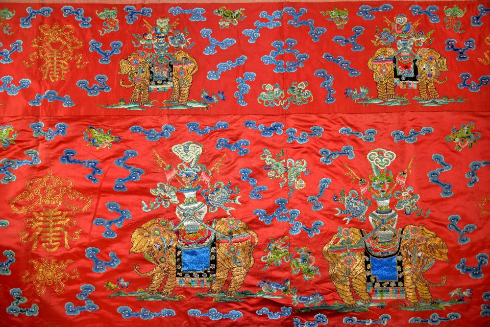 An unusual Chinese late Qing period silk hanging, possibly an altar frontal, with couched gilt