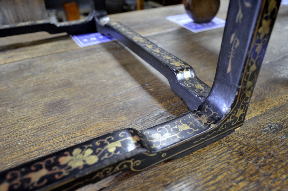 Chinese black lacquered and gilt table decorated with landscape scenes and geometric patterns, - Image 4 of 7