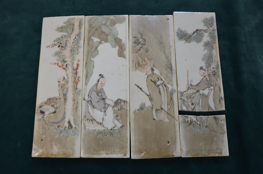 Set of twenty-eight late 19th/ early 20th century Chinese porcelain tiles depicting figures at - Image 17 of 17