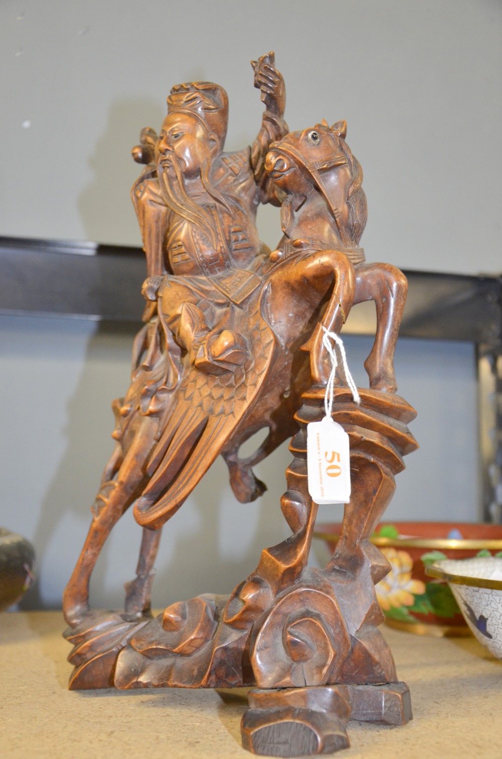 Pair of Chinese carved wood figures on horseback, 36cm high, - Image 9 of 9