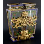 Chinese cloisonne marriage lantern in the form of two square section glass sided vases decorated