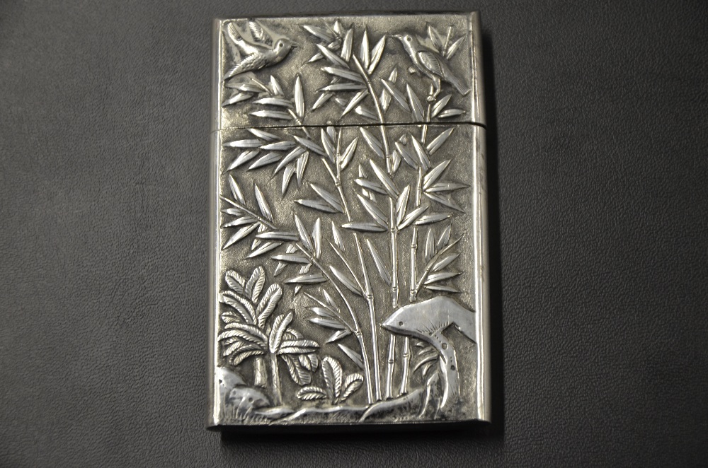 Late 19th/ early 20th century Chinese silver card case with a slip cover, embossed scenes of figures - Image 5 of 6
