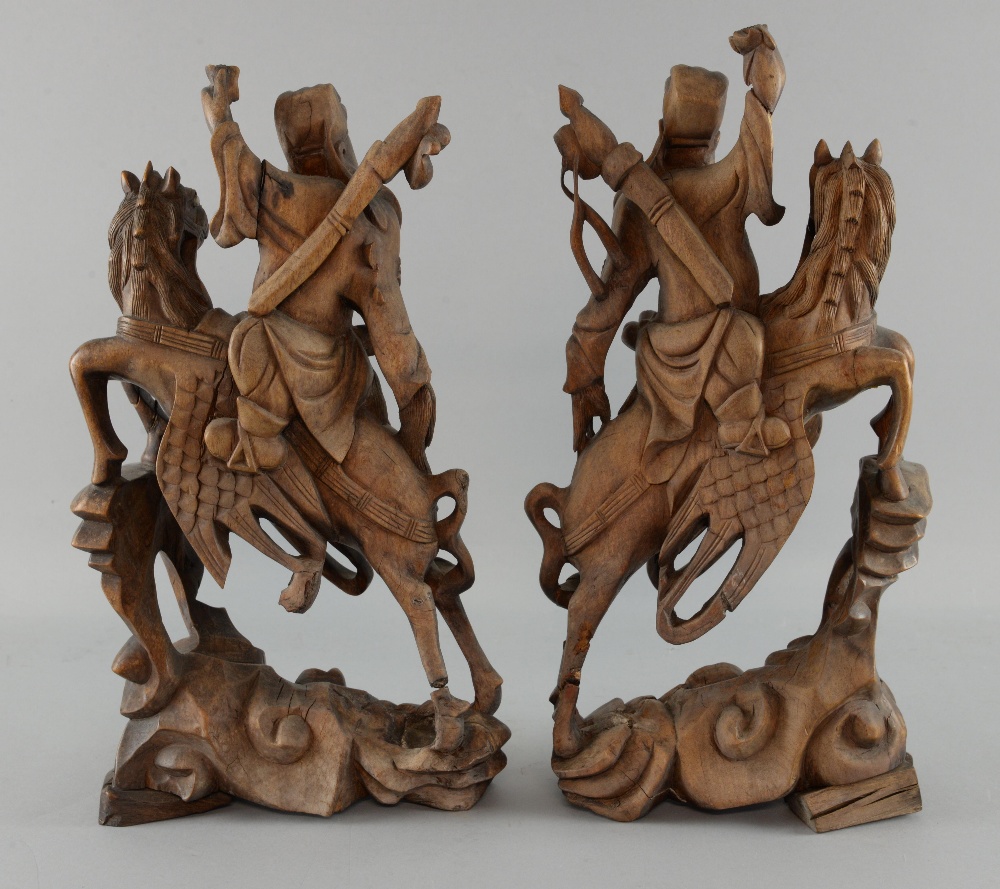 Pair of Chinese carved wood figures on horseback, 36cm high, - Image 2 of 9