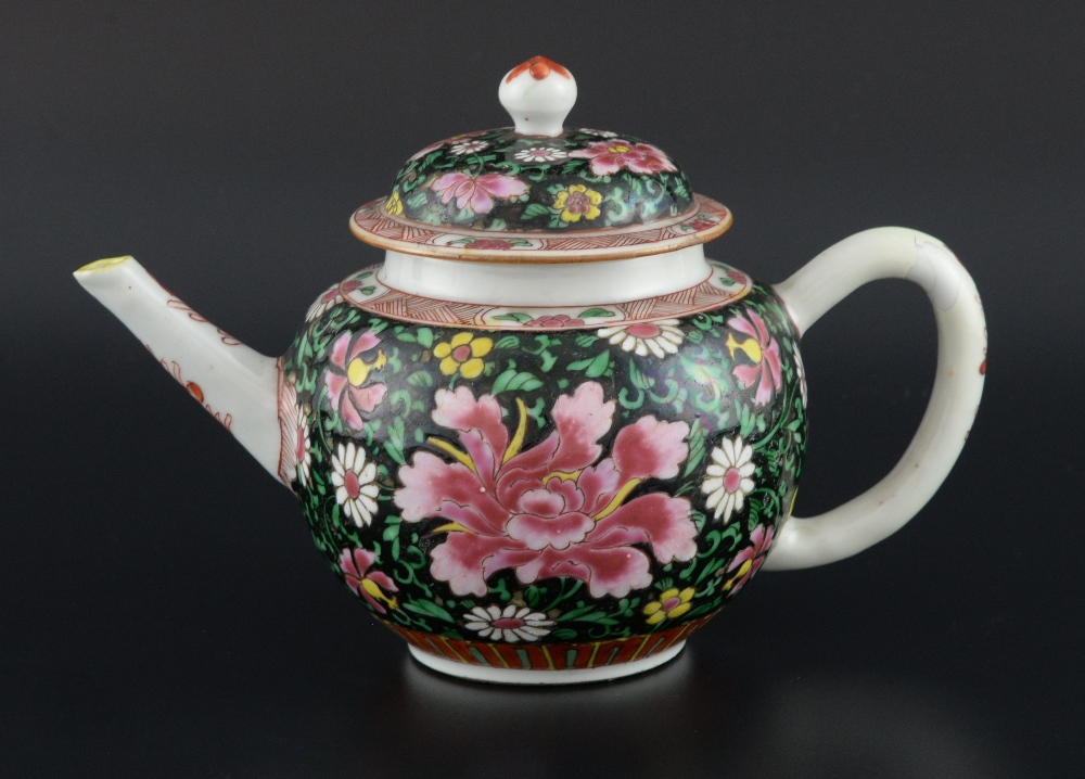 Chinese famille noir teapot and cover decorated with flowers and foliage, 13.5cm high, - Image 2 of 2