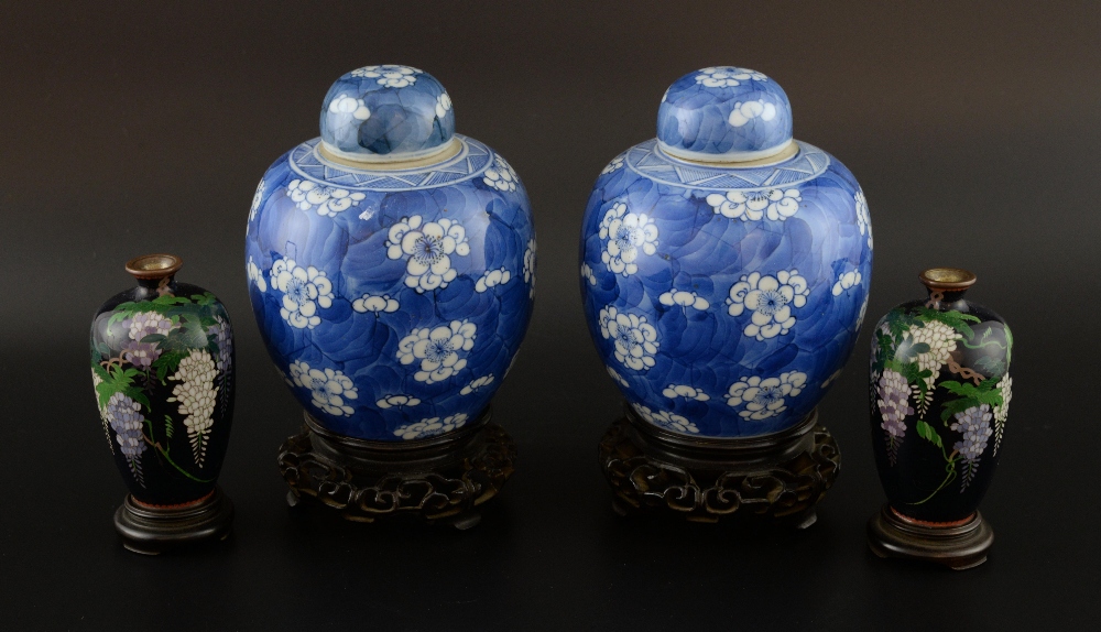 Pair of Japanese cloisonne vases, the blue ground decorated with flowers, 9cm high, pair of