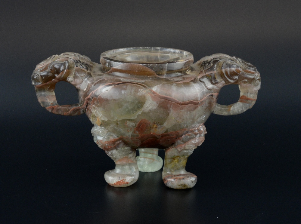 Chinese pink and green quartz censer with elephant mask handles on tripod base, 11cm high,