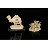 Chinese ivory carving of warrior figures 4cm and an ivory carving of a camel, 9cm high,