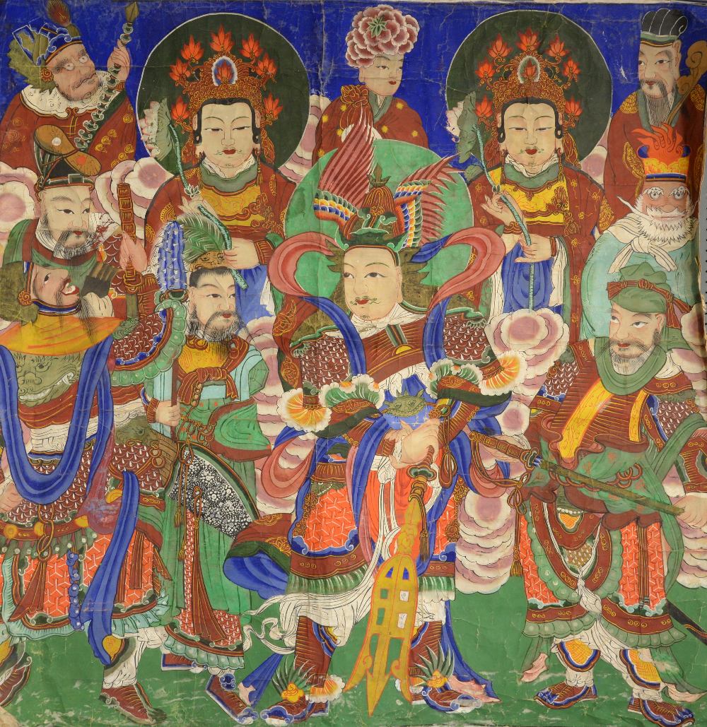 Chinese painting depicting figures in costume, some holding weapons, others with flowers, 129cm x