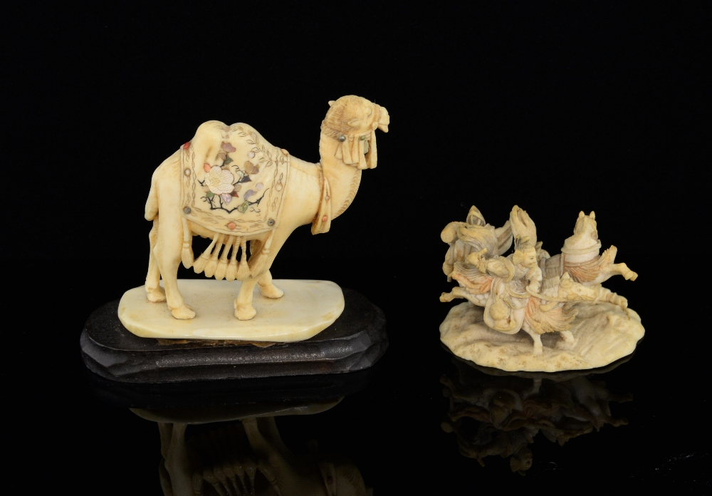 Chinese ivory carving of warrior figures 4cm and an ivory carving of a camel, 9cm high, - Image 2 of 4