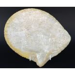 19th century Chinese Mother of pearl shell carved with landscape and figures, 25cm by 20cm